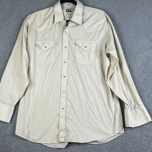 Ely Cattleman Pearl Snap Shirt Mens L 16.5 x 34 Beige Lightweight Rodeo Rancher